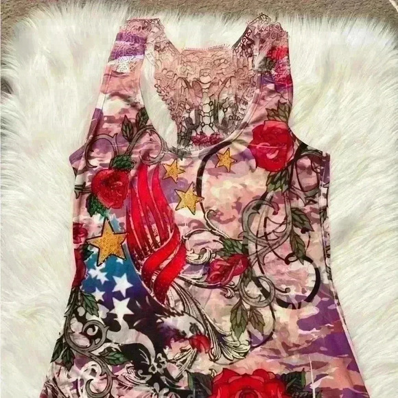 Ocean Blue Y2K Pink and Crystal Embellished Traditional Tattoo Print Dress Med - Picture 2 of 8